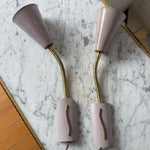 Load image into Gallery viewer, A Pair Of Mid Century Brass Swedish Wall Lights With Pale Lilac Perforated Metal Shades
