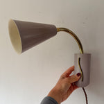 Load image into Gallery viewer, A Pair Of Mid Century Brass Swedish Wall Lights With Pale Lilac Perforated Metal Shades
