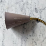Load image into Gallery viewer, A Pair Of Mid Century Brass Swedish Wall Lights With Pale Lilac Perforated Metal Shades
