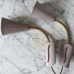 Load image into Gallery viewer, A Pair Of Mid Century Brass Swedish Wall Lights With Pale Lilac Perforated Metal Shades
