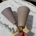 Load image into Gallery viewer, A Pair Of Mid Century Brass Swedish Wall Lights With Pale Lilac Perforated Metal Shades
