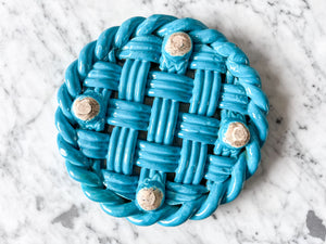 Vintage Turquoise Blue Glazed Ceramic Woven Trivet