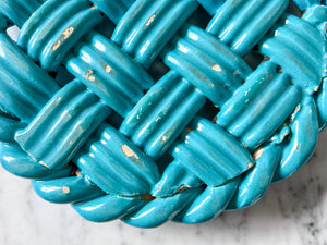 Vintage Turquoise Blue Glazed Ceramic Woven Trivet