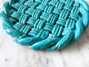 Vintage Turquoise Blue Glazed Ceramic Woven Trivet