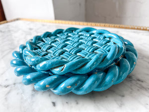 Vintage Turquoise Blue Glazed Ceramic Woven Trivet