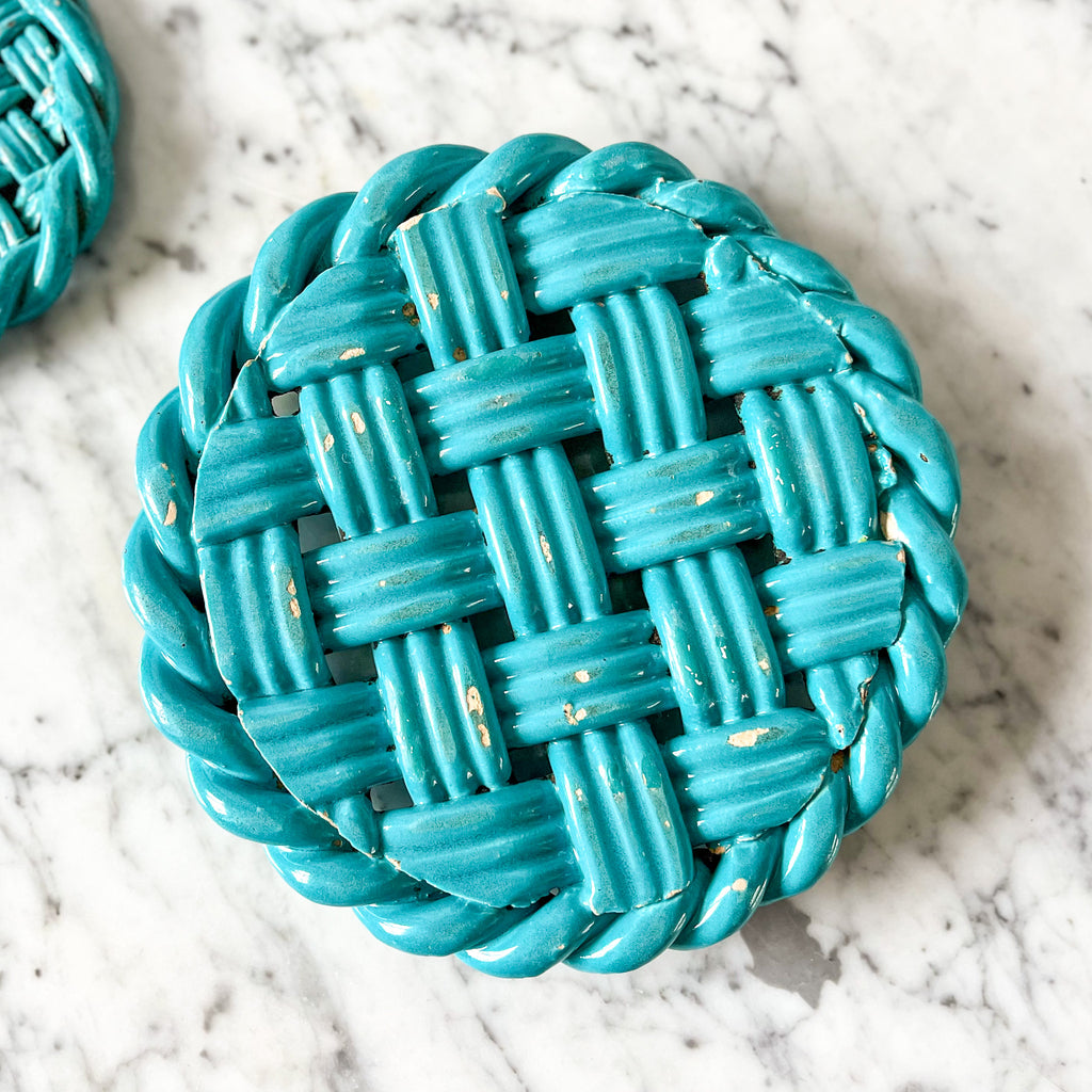 Vintage Turquoise Blue Glazed Ceramic Woven Trivet