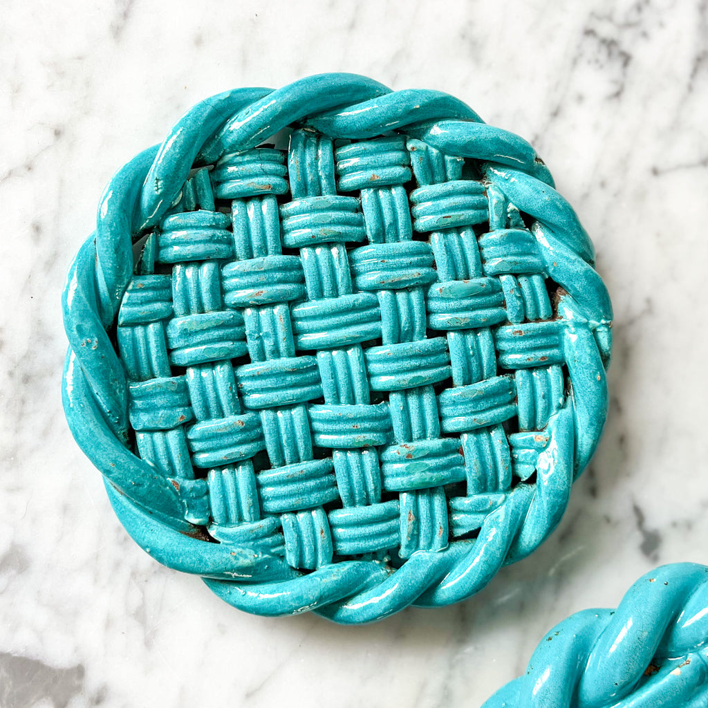 Vintage Turquoise Blue Glazed Ceramic Woven Trivet