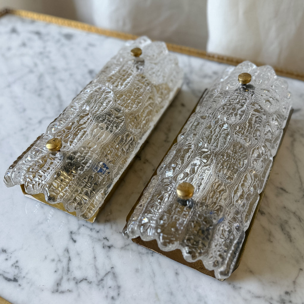 ON HOLD - Pair of mid-century Carl Fagerlund For Orrefors Glass And Brass Light Sconces (circa 1960s)