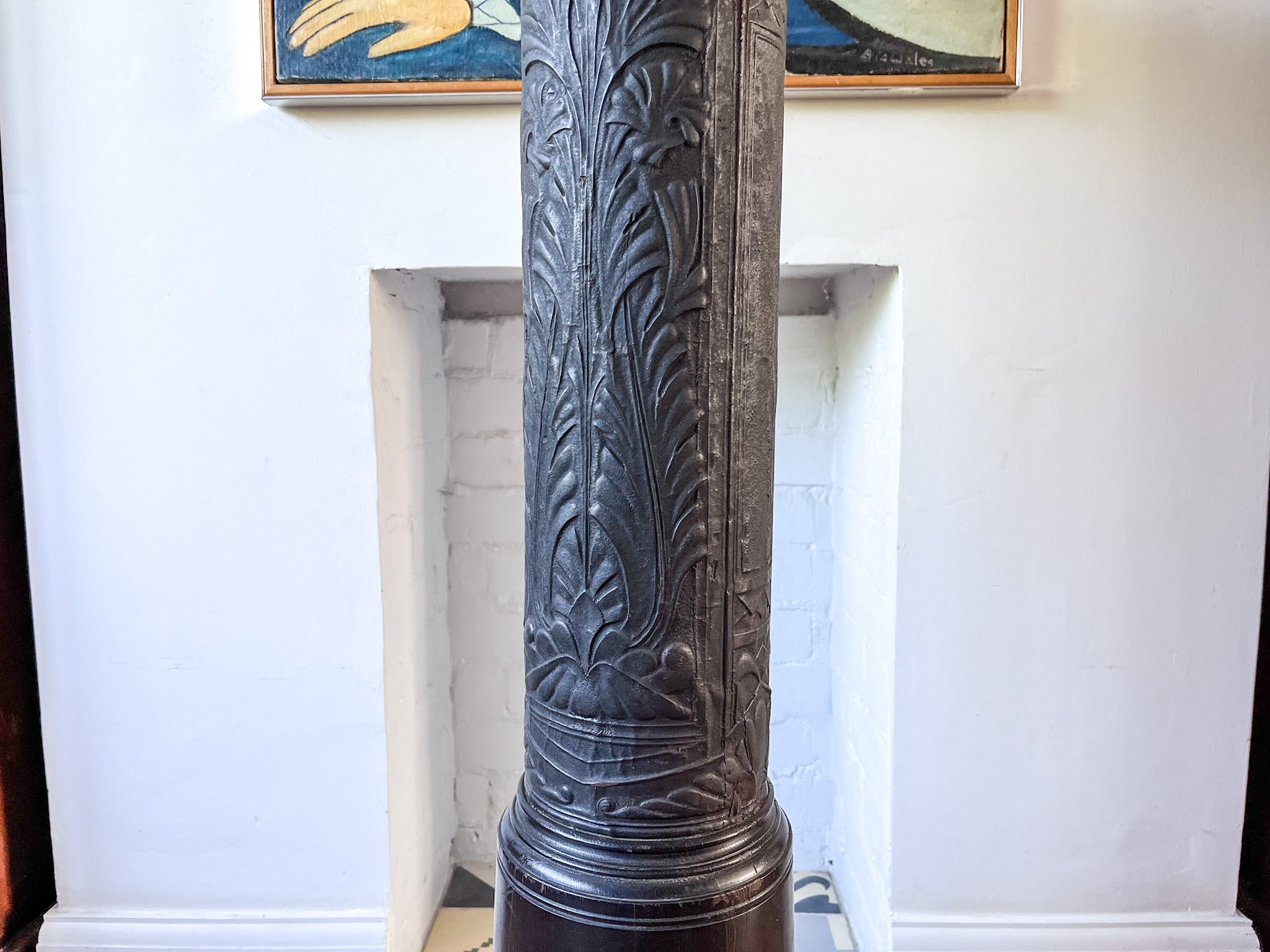 Antique Black Painted Wooden Pedestal / Pillar Stand