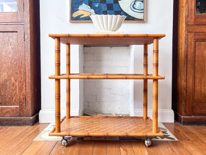 Vintage Faux Bamboo And Cane Console / Shelving Unit On Castors