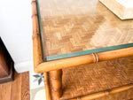 Load image into Gallery viewer, Vintage Faux Bamboo And Cane Console / Shelving Unit On Castors
