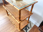 Load image into Gallery viewer, Vintage Faux Bamboo And Cane Console / Shelving Unit On Castors
