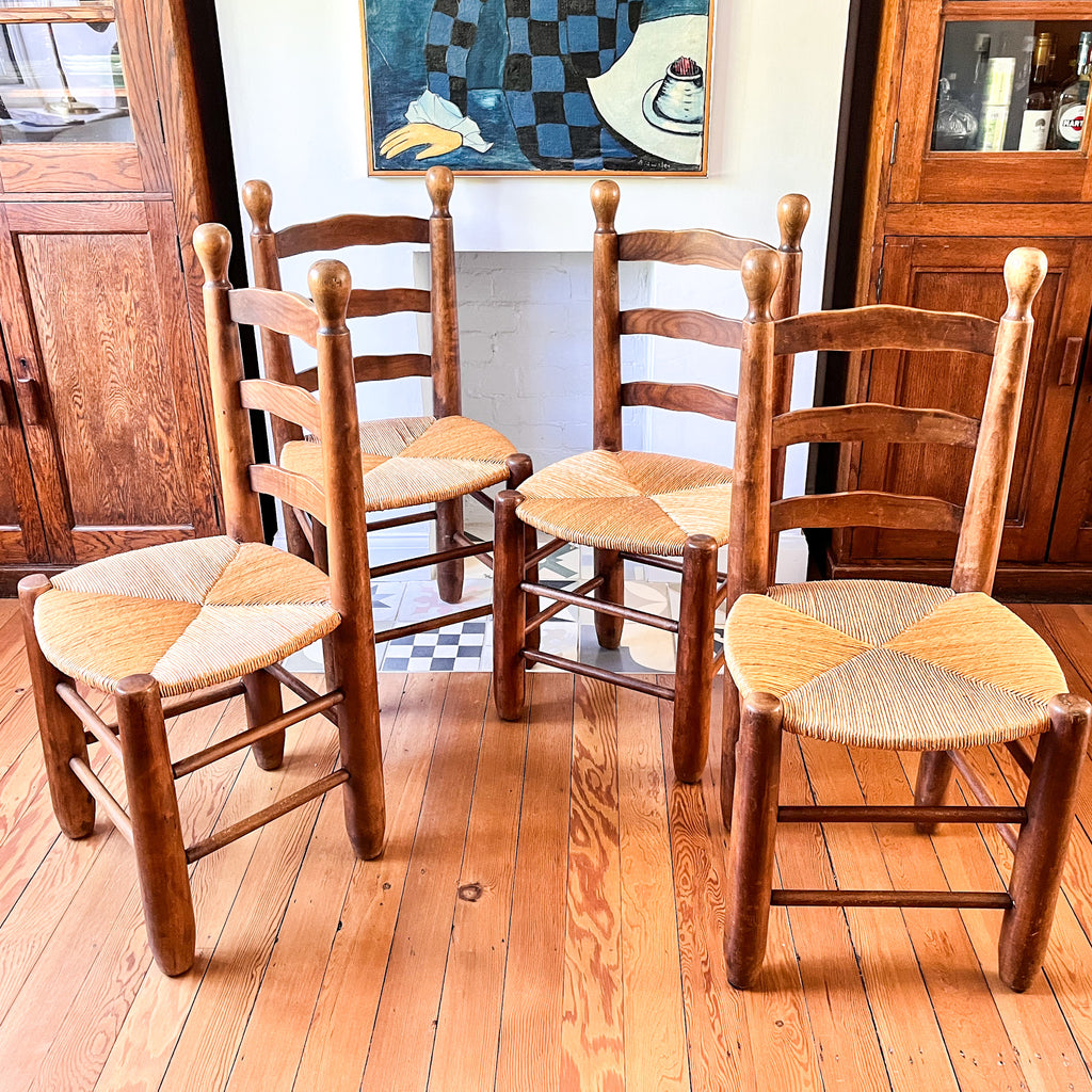 Set Of Four French Charles Dudouyt Style Dining Chairs With Rush Seats