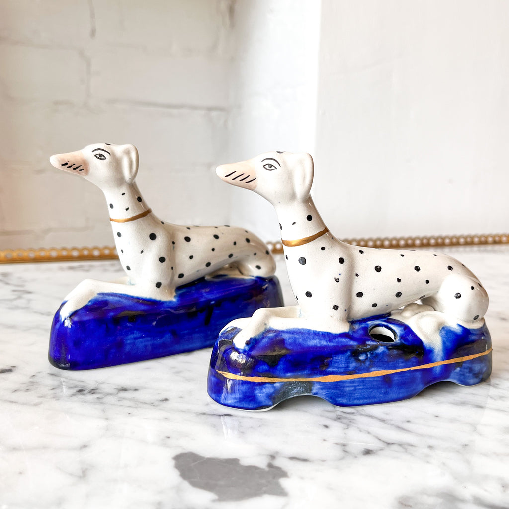 Pair of Antique Staffordshire Pottery Dalmatian Dog Ink Wells