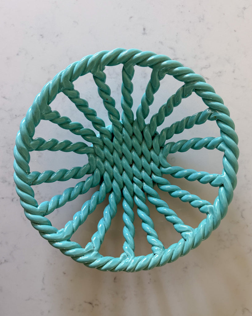 Vintage Light Blue Glazed Ceramic Woven Rope Bowl In The Style Of Vallauris