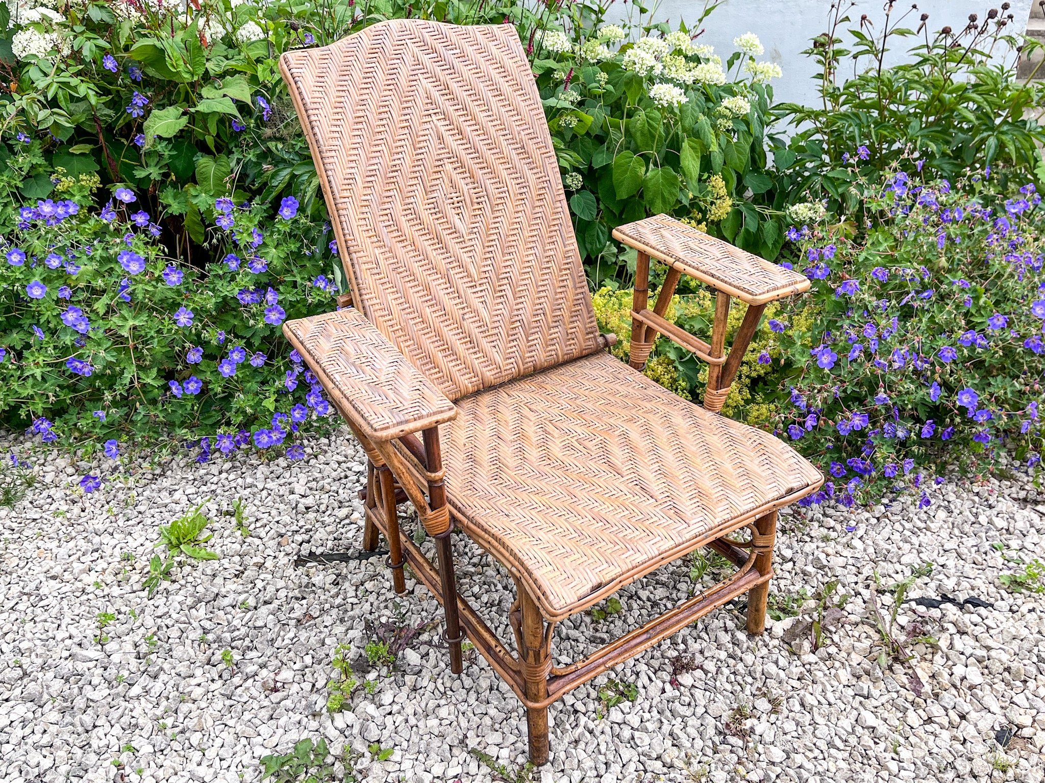 1920s French Rattan & Bamboo Chaise Longue