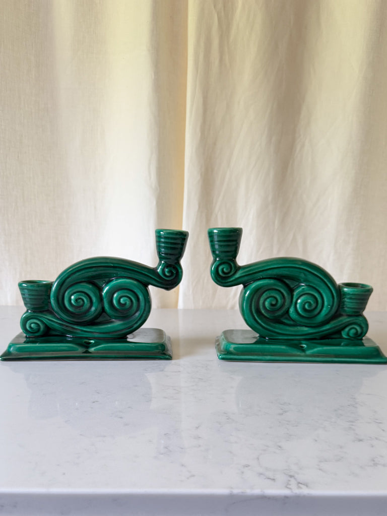 Pair Of Vintage Green Glazed Ceramic Candlesticks Attributed To Vallauris