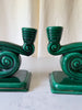 Pair Of Vintage Green Glazed Ceramic Candlesticks Attributed To Vallauris