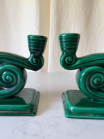 Load image into Gallery viewer, Pair Of Vintage Green Glazed Ceramic Candlesticks Attributed To Vallauris
