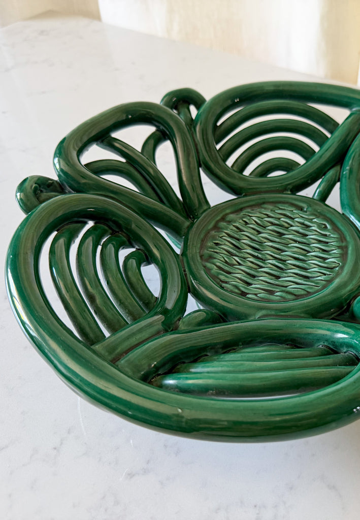 Vintage Green Glazed Ceramic Woven Bowl In The Style Of Vallauris