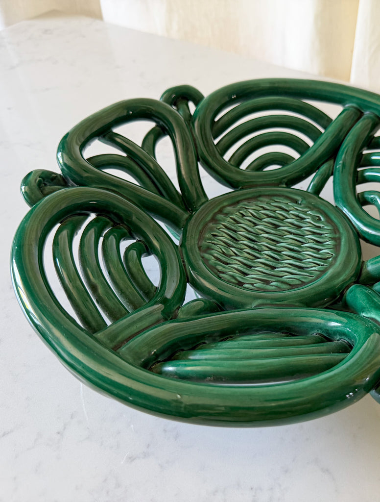 Vintage Green Glazed Ceramic Woven Bowl In The Style Of Vallauris