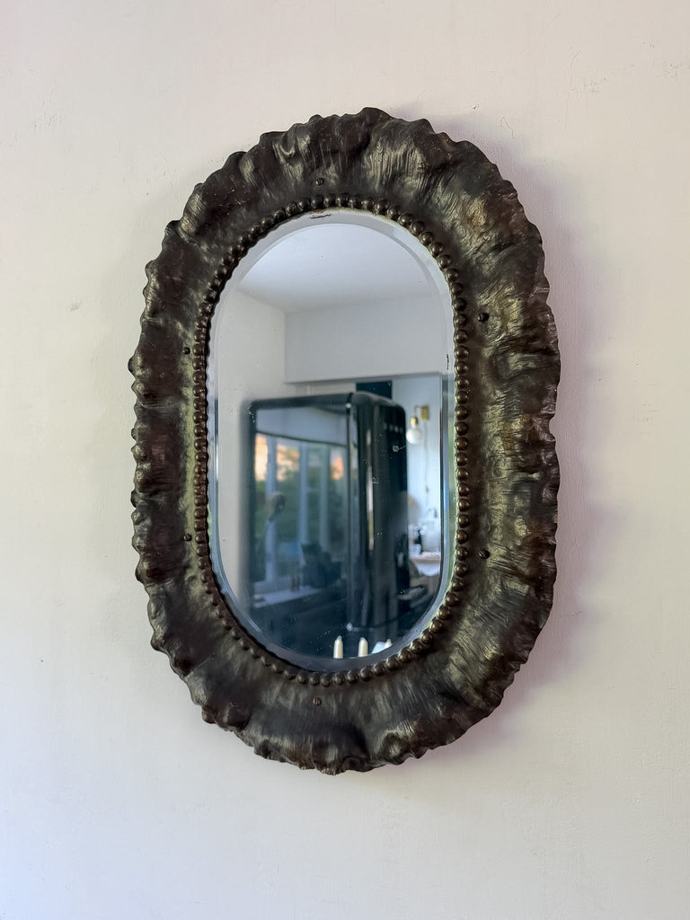 Antique Art Nuveau Bevelled Wall Mirror In A Wavy Metal Frame