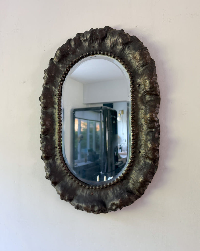 Antique Art Nuveau Bevelled Wall Mirror In A Wavy Metal Frame