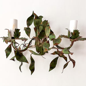 A Pair Of French Vintage Dark Green Leaf Wall Sconces