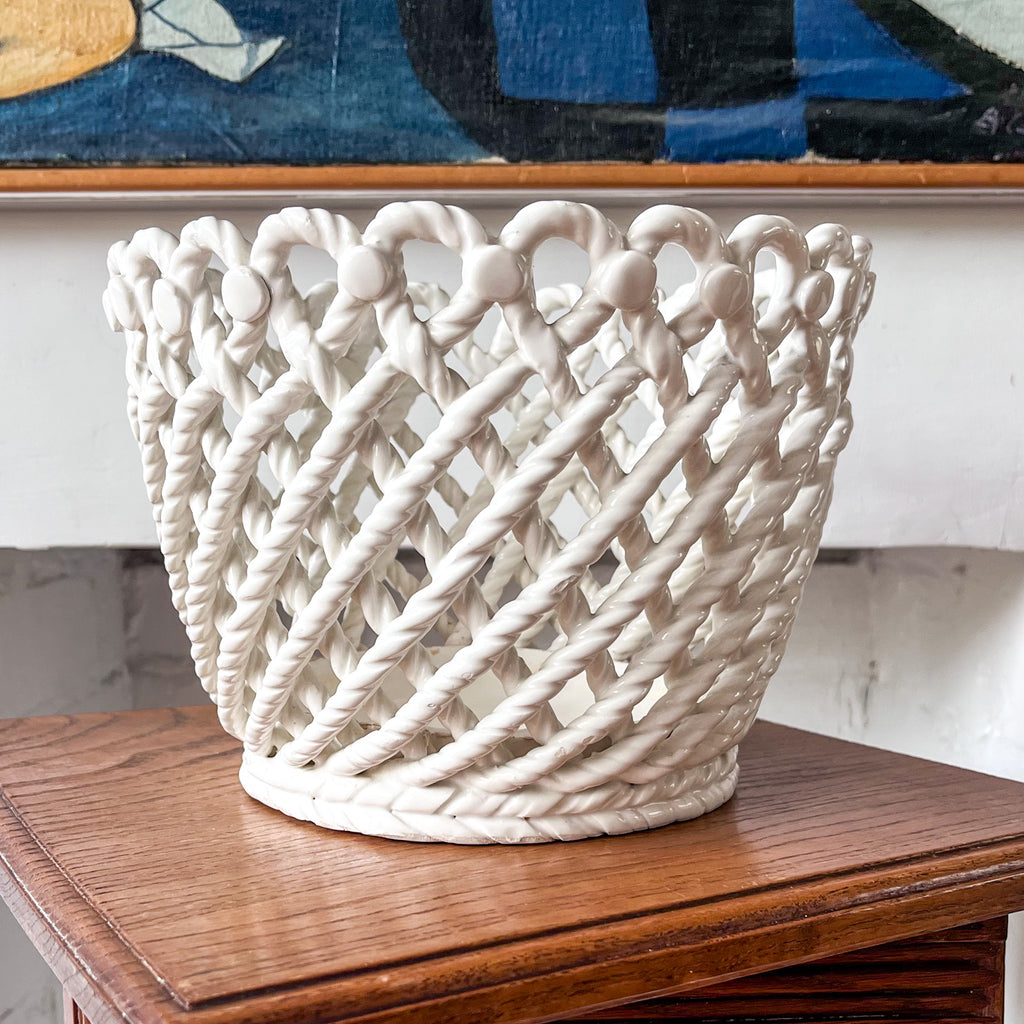 Vintage White Ceramic Lattice Plant Pot