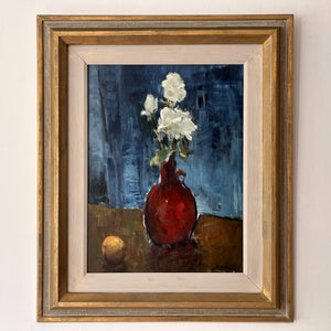Swedish Oil On Board, Still Life With White Flower, Signed Sigvard Bortz