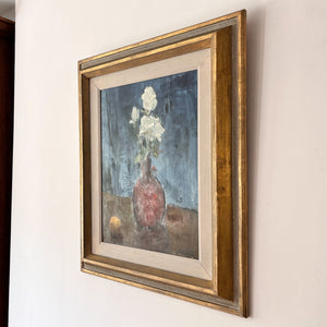 Swedish Oil On Board, Still Life With White Flower, Signed Sigvard Bortz