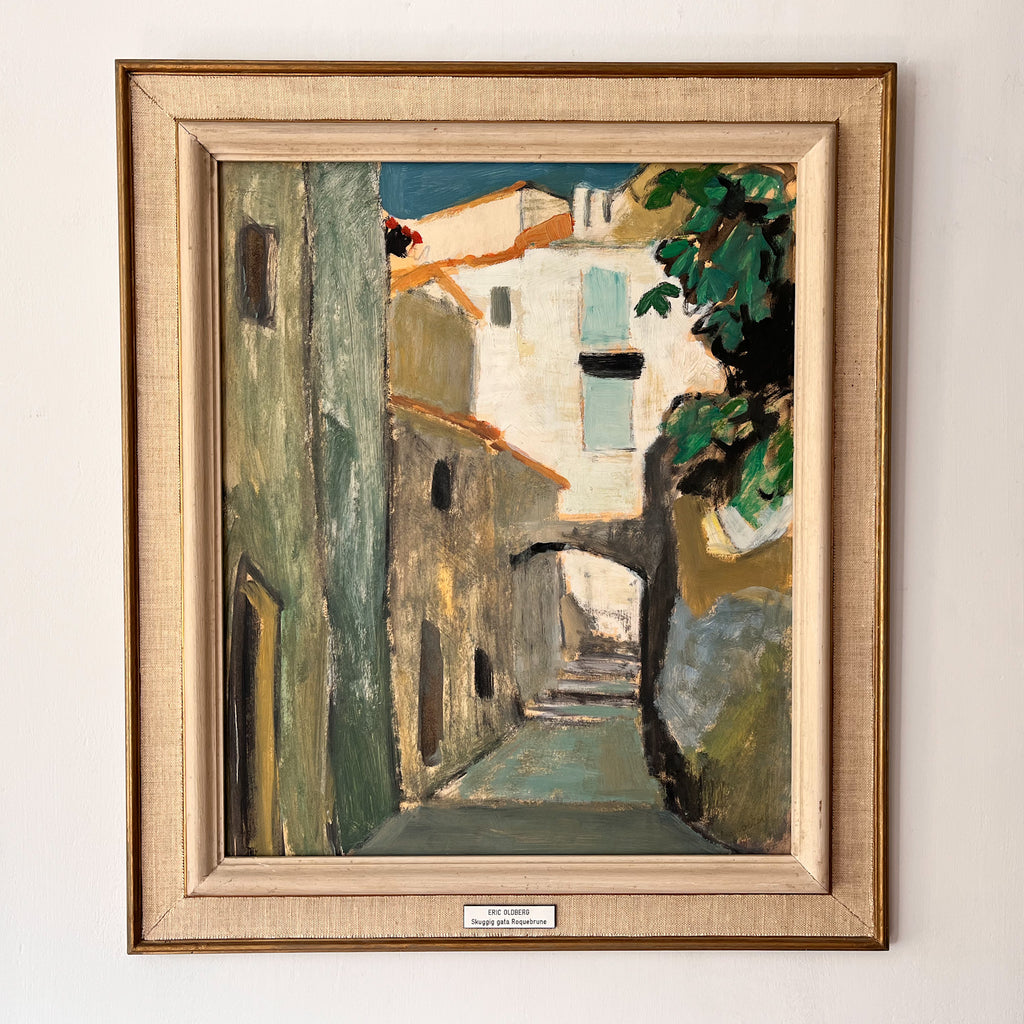 Swedish Oil On Board Painting, Shaded Street, Eric Oldberg, Signed
