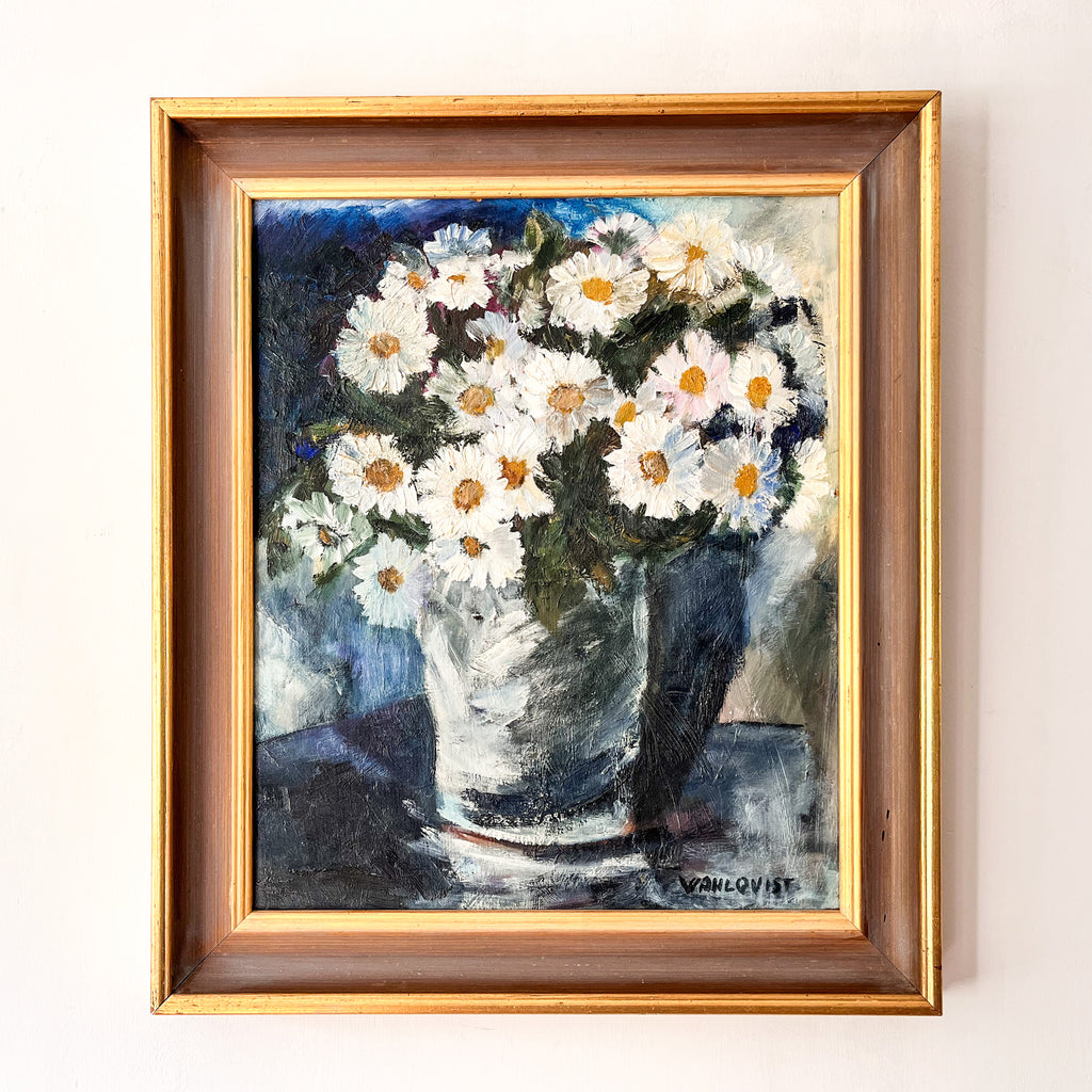 Swedish Oil On Board, Daisies, Signed Gunnel Wahlqvist