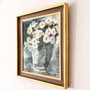 Swedish Oil On Board, Daisies, Signed Gunnel Wahlqvist