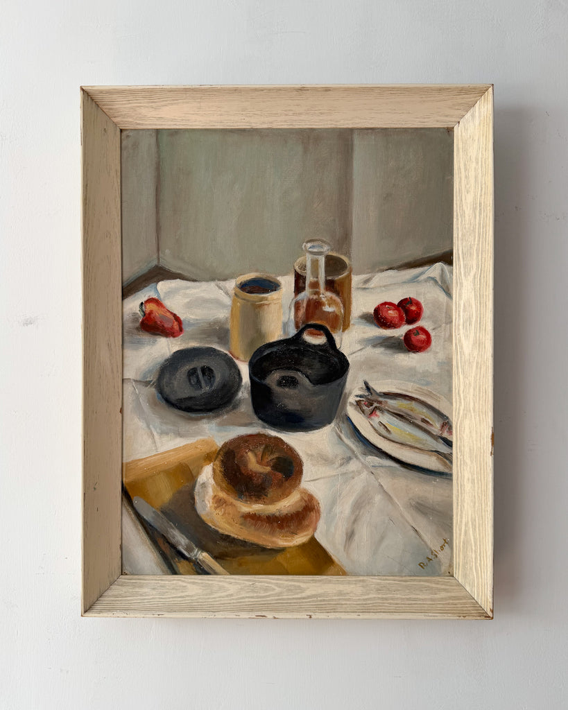 British Mid Century Oil On Canvas Still Life With Bread And Fish