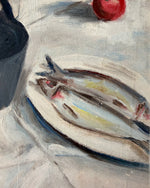 Load image into Gallery viewer, British Mid Century Oil On Canvas Still Life With Bread And Fish
