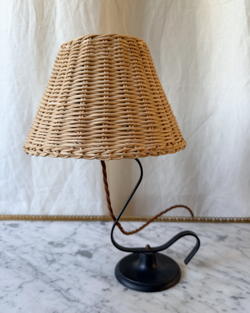 French Mid Century S-Shaped Iron Lamp With Rattan Shade