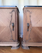 Load image into Gallery viewer, A Pair Of Continental Art Deco Bedside Cabinets With Marble Tops
