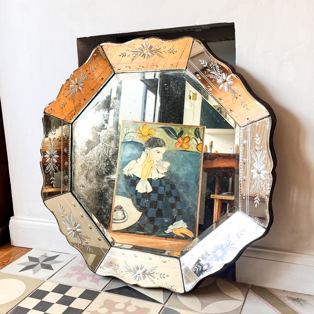 Antique French Circular Venetian Mirror With Etched Floral Design And Scalloped Edges