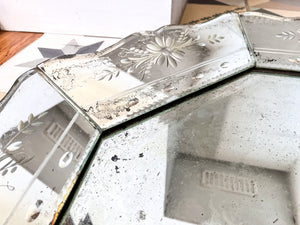 Antique French Circular Venetian Mirror With Etched Floral Design And Scalloped Edges