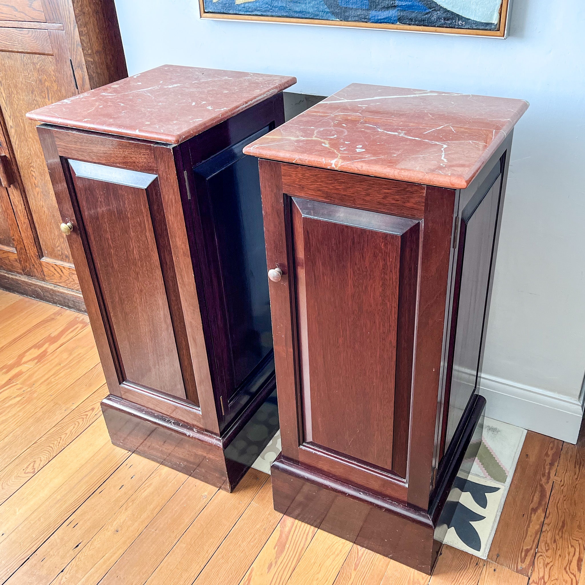 A Pair Of Matching Pot Cupboards / Nightstands With Marble Tops
