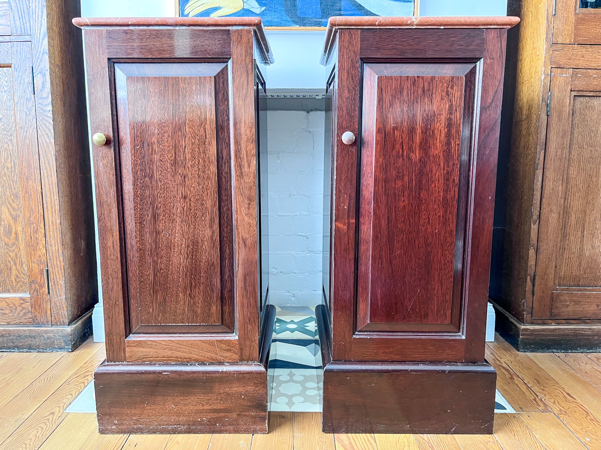 A Pair Of Matching Pot Cupboards / Nightstands With Marble Tops