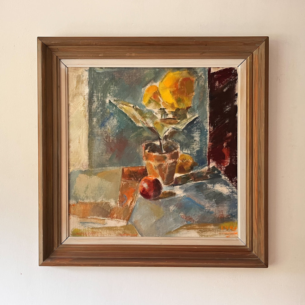 Swedish Oil On Board, Still Life With Yellow Flower, Signed Lars Vidlund