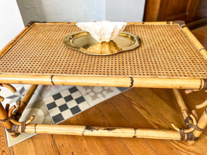 Vintage Bamboo And Cane Coffee Table With Leather Trims