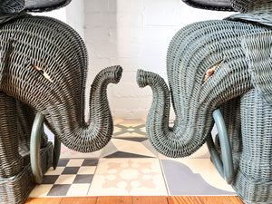 Pair Of Vintage Wicker Elephant Tables Painted Green