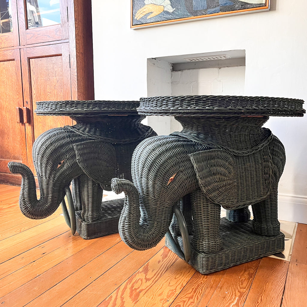 Pair Of Vintage Wicker Elephant Tables Painted Green