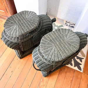 Pair Of Vintage Wicker Elephant Tables Painted Green