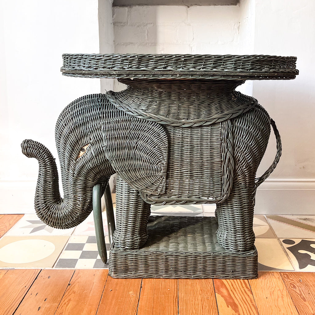 Vintage Wicker Elephant Table Painted Green