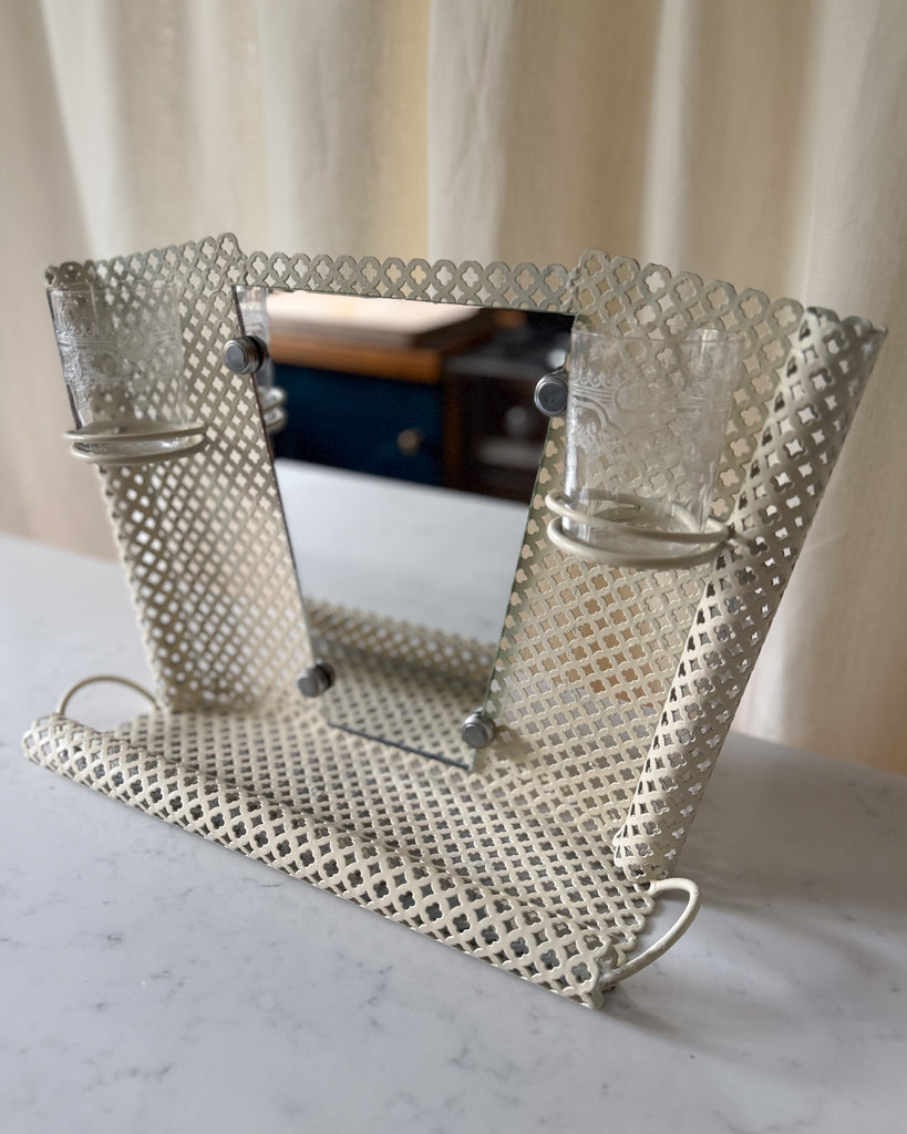 French Mid Century Perforated Metal Mirror With Shelf In The Style Of Mathieu Mategot