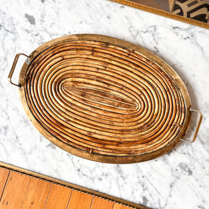 Gabriella Crespi Style Oval Pencil Reed And Brass Tray With Handles